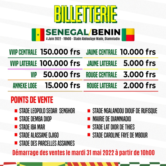 Elim. CAN 2023 – Point de vente, prix, tout savoir sur les billets du match Sénégal vs Bénin