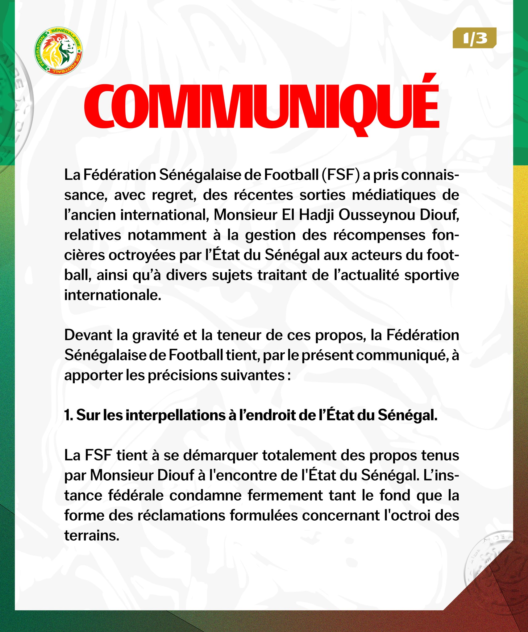 LA FSF CLARIFIE SA POSITION APRÈS LES PROPOS D’EL HADJI OUSSEYNOU DIOUF